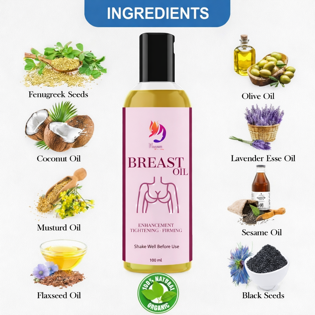 Brest Oil, 100% Natural Breast Massage Oil enriched with Strawberry, Rose, Coconut, Almond, Sunflower and Fenugreek Oil. Helps nourish, moisturize and tone skin. Lightweight, non-greasy formula for daily self-care use. 100 ML. - Image 2