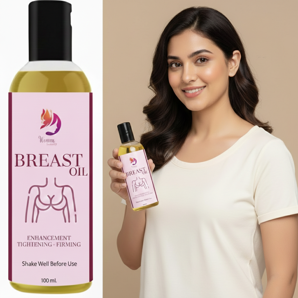 Brest Oil, 100% Natural Breast Massage Oil enriched with Strawberry, Rose, Coconut, Almond, Sunflower and Fenugreek Oil. Helps nourish, moisturize and tone skin. Lightweight, non-greasy formula for daily self-care use. 100 ML.